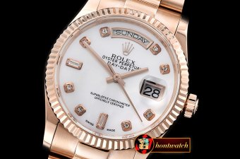 Rolex Daydate 36mm Flt RG/RG Wrap Wht MOP Diam BP Swiss 2836